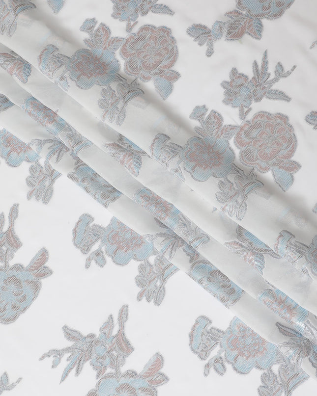 قماش شيفون من الحرير الخالص باللون الأبيض الفاتح مع لوركس معدني فضي وأزرق فاتح ونحاسي بتصميم زهور-D11496