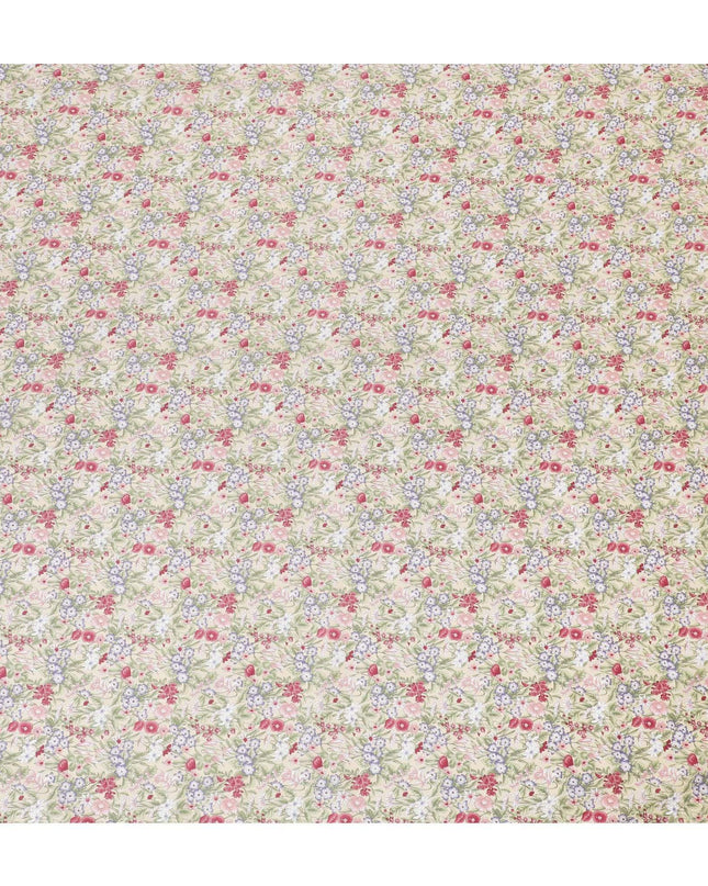 Beige cotton lawn fabric with multicolor print in floral design-D15222