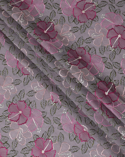 Light lavender Premium pure cotton voile fabric with magenta pink, oliv egreen, light pink and beige embroidery in floral design-D15249