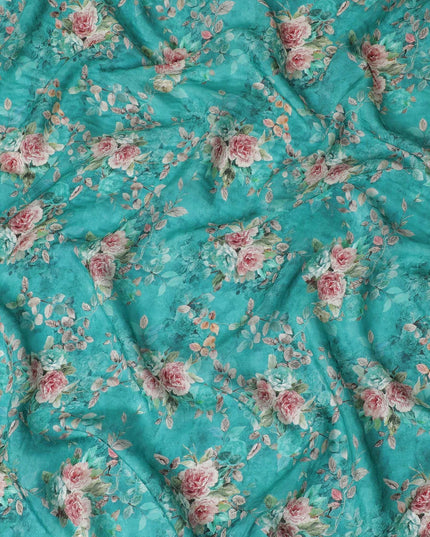Fountain blue viscose crepe fabric with multicolor print in floral design-D11071