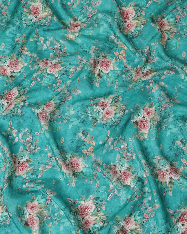 Fountain blue viscose crepe fabric with multicolor print in floral design-D11071 Regal Fabrics