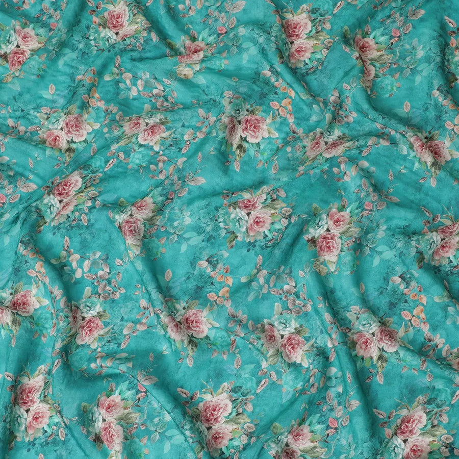 Fountain blue viscose crepe fabric with multicolor print in floral design-D11071 Regal Fabrics