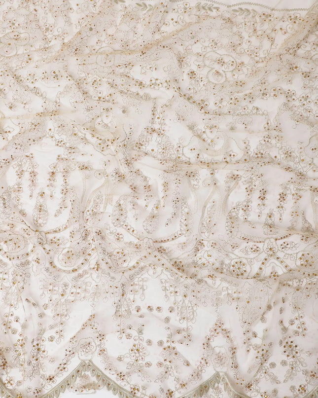 Gold nylon tulle fabric with same tone embroidery having multicolor stone work-D11684 Regal Fabrics
