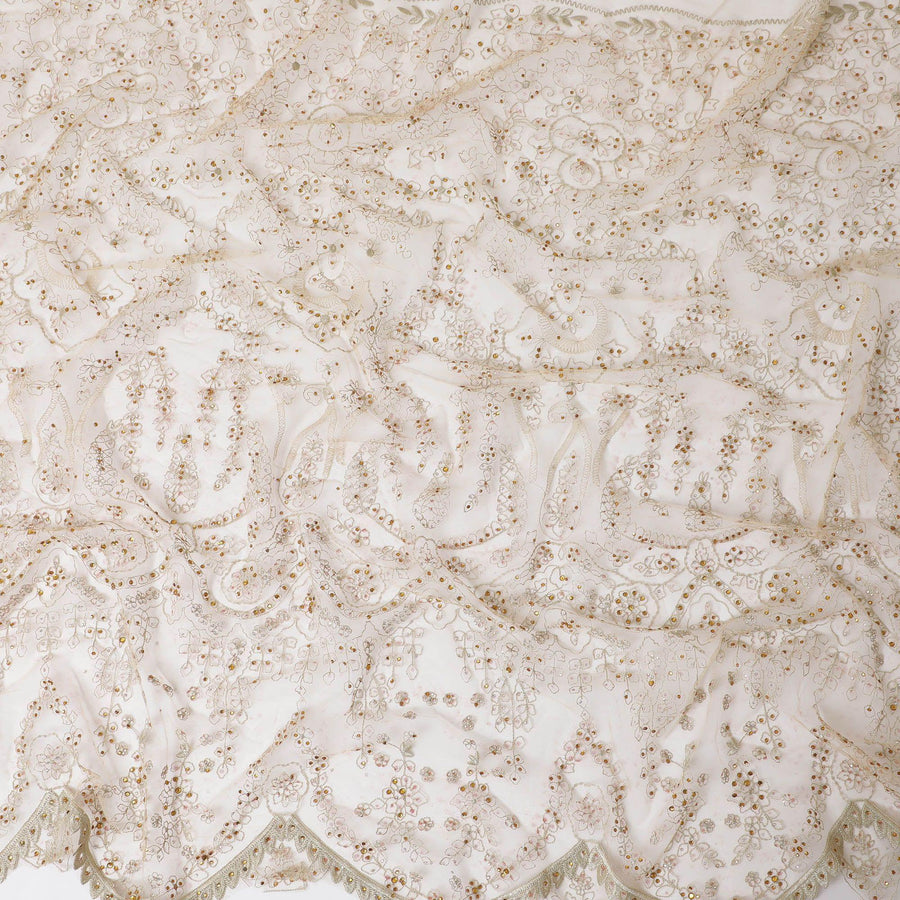 قماش تول نايلون ذهبي مع تطريز بنفس اللون مع أعمال حجرية متعددة الألوان -D11684