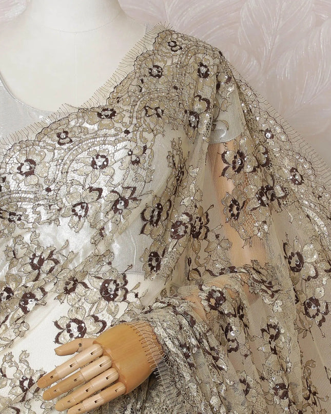 Gold, brown Premium pure French metallic chantilly lace saree having stone work in floral design-D14559 Regal Fabrics
