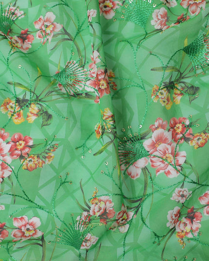Kelly green Premium pure cotton voile fabric with multicolor print having embroidery and sequins in floral design-D13245
