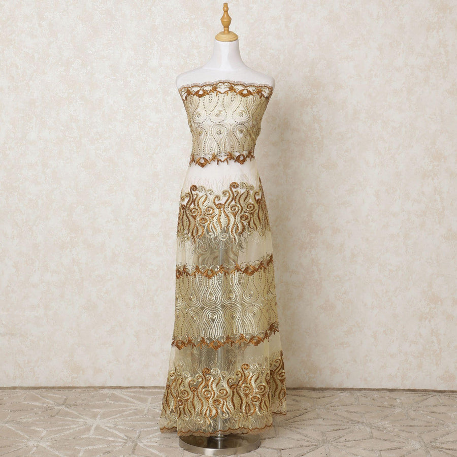 Gold nylon tulle fabric with same tone, copper brown embroidery having stone work in fancy design-D12198