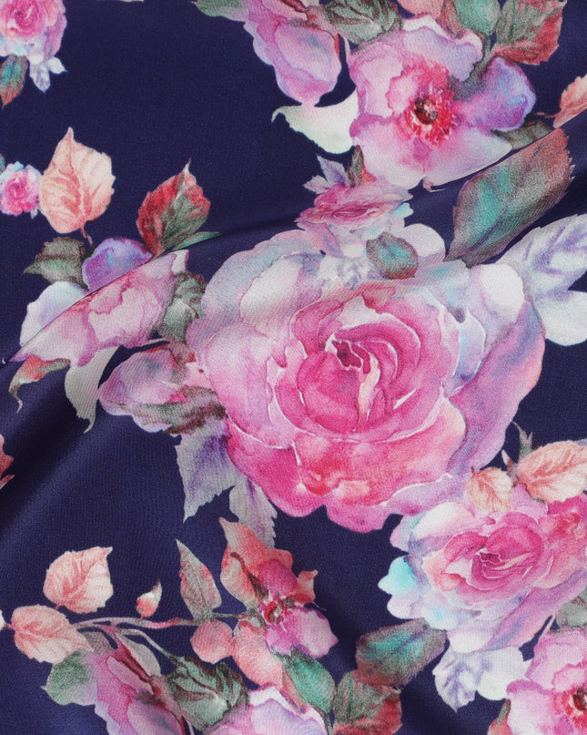 Navy blue synthetic crepe fabric with multicolor print in floral design-D14461 Regal Fabrics