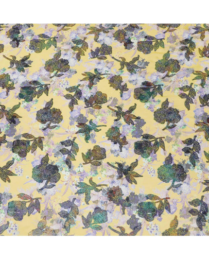 قماش شيفون من الحرير الخالص باللون الأصفر الخردلي مع طباعة متعددة الألوان ولوريكس معدني متعدد الألوان بتصميم زهور-D9738