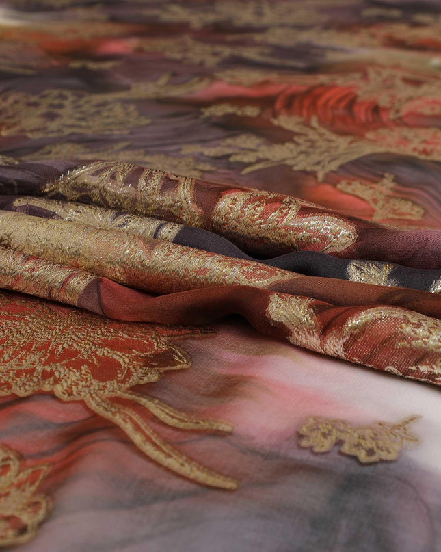 قماش شيفون مطبوع يدويًا من الحرير الخالص الفاخر باللون الرمادي مع لوركس معدني ذهبي بتصميم زهور-D9075