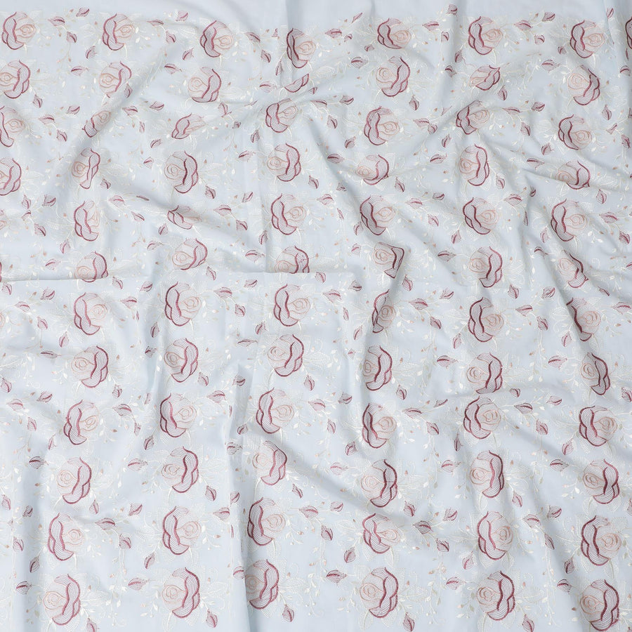 Powder blue Premium pure cotton voile fabric with dark brown and beige embroider in floral design-D15251