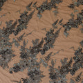 Black Premium wedding nylon tulle fabric with same tone, olive green embroidery having pearls and beads in floral design-D7922
