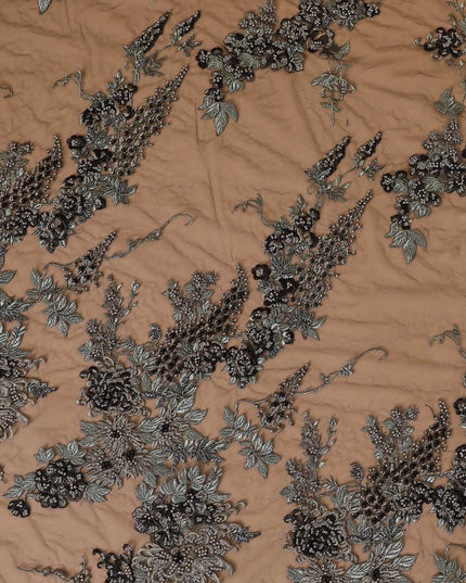 Black Premium wedding nylon tulle fabric with same tone, olive green embroidery having pearls and beads in floral design-D7922