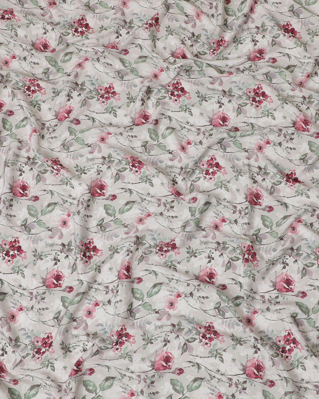 Light fawn beige synthetic crepe fabric with multicolor print in floral design-D15024