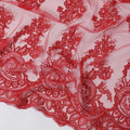 Scarlet red nylon tulle fabric with same tone embroidery in floral design-D11721