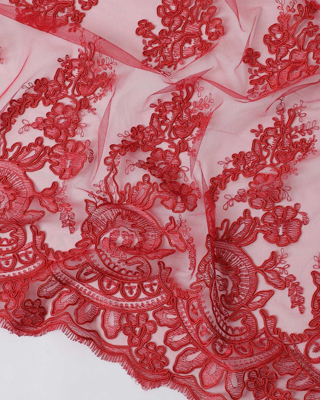 Scarlet red nylon tulle fabric with same tone embroidery in floral design-D11721 Regal Fabrics