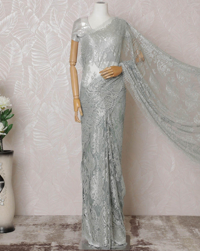 Tea blue, silver Premium pure French metallic chantilly lace saree having stone work in floral design-D14589