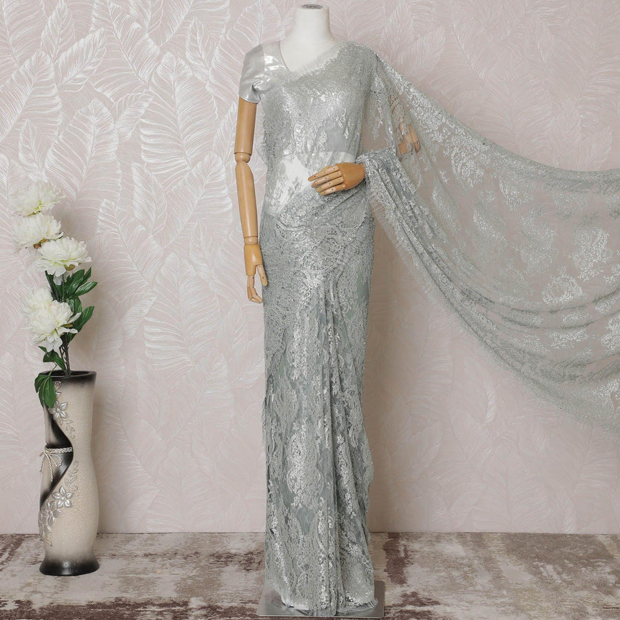 Tea blue, silver Premium pure French metallic chantilly lace saree having stone work in floral design-D14589