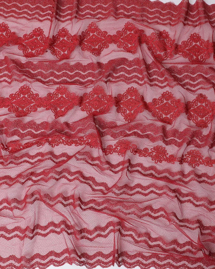 Crimson red nylon tulle fabric with same tone embroidery in floral design-D11753 Regal Fabrics
