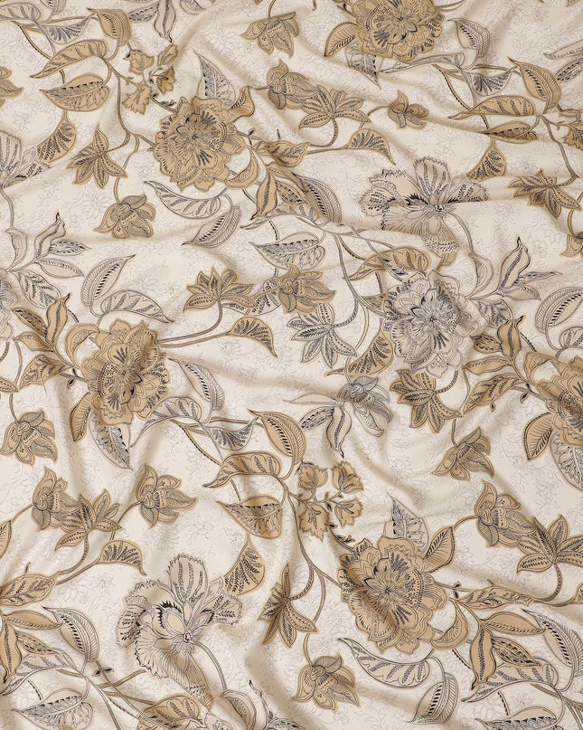 قماش فيسكوز إيطالي فاخر باللون البيج اللاتيه بنفس اللون، طباعة باللون الأسود والبني الشاحب بتصميم الأزهار-D12528