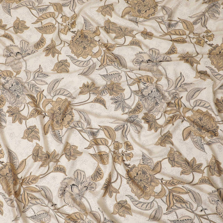 قماش فيسكوز إيطالي فاخر باللون البيج اللاتيه بنفس اللون، طباعة باللون الأسود والبني الشاحب بتصميم الأزهار-D12528