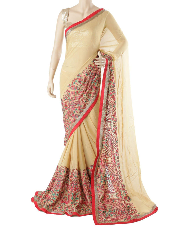 ساري شيفون صناعي مخلوط باللون البيج اللاتيه مع تطريز متعدد الألوان بتصميم فاخر مع خرز متعدد الألوان