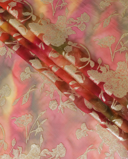 شيفون من الحرير الخالص متعدد الألوان مع لوريكس معدني ذهبي بتصميم الأزهار-D11377