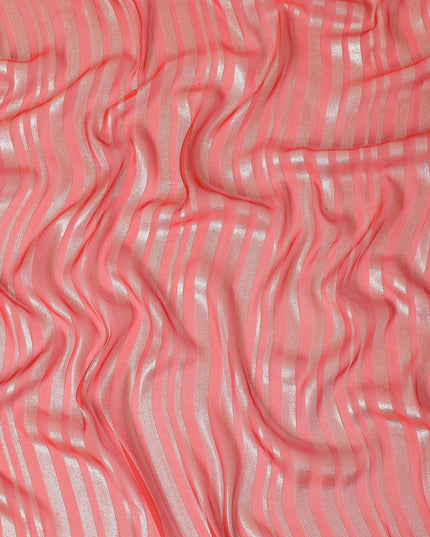 Scarlet red Premium pure silk chiffon fabric with gold metallic lurex in stripe design-D12402