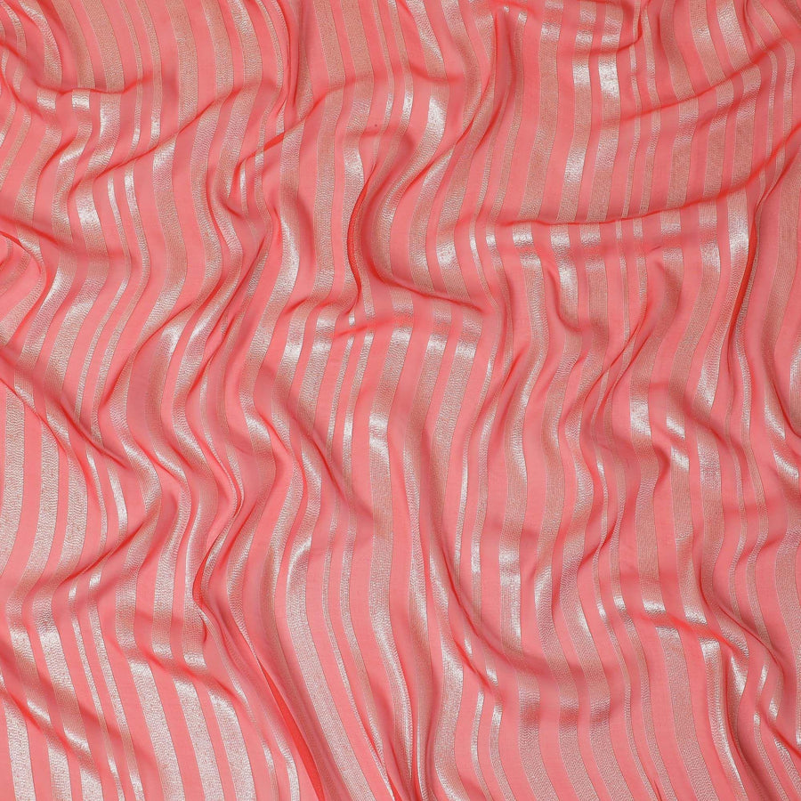 Scarlet red Premium pure silk chiffon fabric with gold metallic lurex in stripe design-D12402