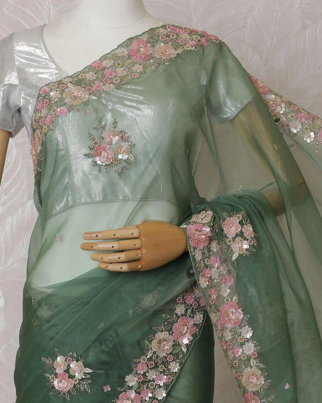 Fern green Premium silk organza saree with multicolor embroidery having gold bead work, applique work and sequin work in floral design-D15592 Regal Fabrics