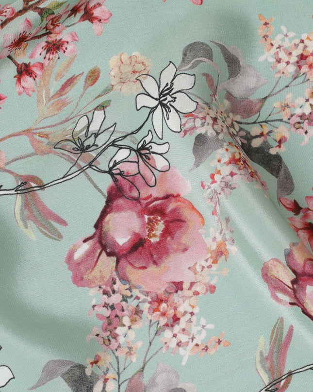 Vista green synthetic crepe fabric with multicolor print in floral design-D14467 Regal Fabrics