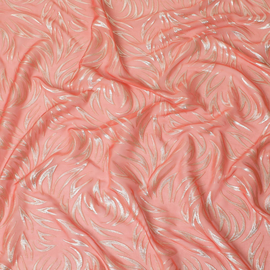 Tangerine orange premium pure silk chiffon fabric with gold metallic lurex in abstract design-D14158