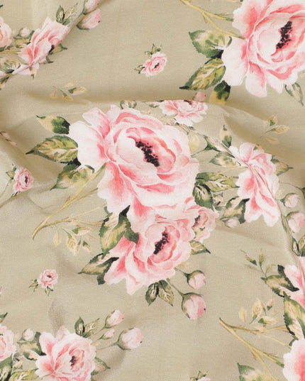 Moss green premium pure silk crepe fabric with baby pink, off white and sage green print in floral design-D9396