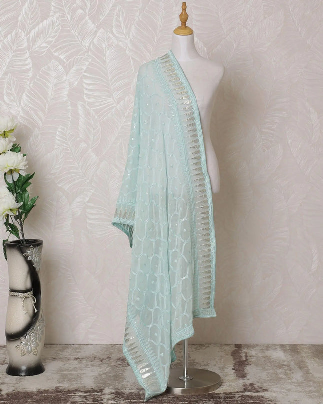 Powder blue premium silk georgette duapatta with same tone and gold embroidery having sequins in fancy design-D14983 Regal Fabrics