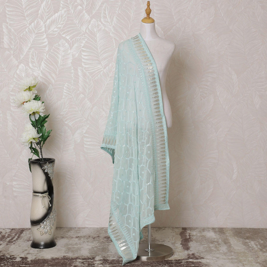 Powder blue premium silk georgette duapatta with same tone and gold embroidery having sequins in fancy design-D14983
