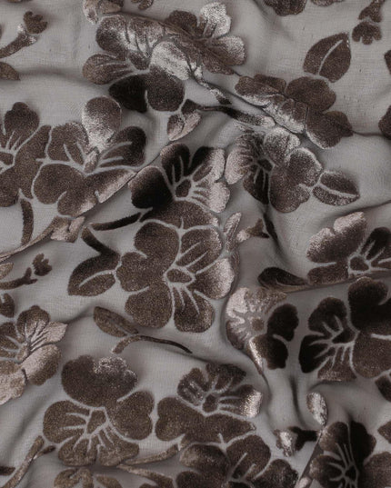 Black silk chiffon dirac (makmal) fabric with brown, gold velvet jacquard in floral design-D8649