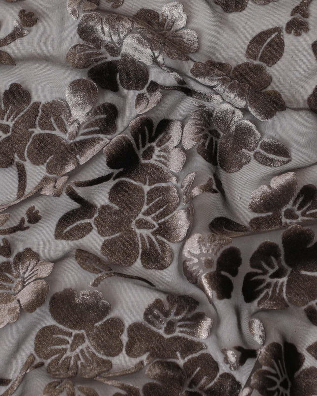 Black silk chiffon dirac (makmal) fabric with brown, gold velvet jacquard in floral design-D8649