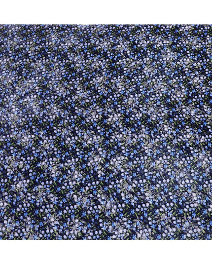 Navy blue Premium Italian silk chiffon dirac (makmal) fabric with same tone velvet jacquard off having off white, pastel green and blue print in floral design-D8690