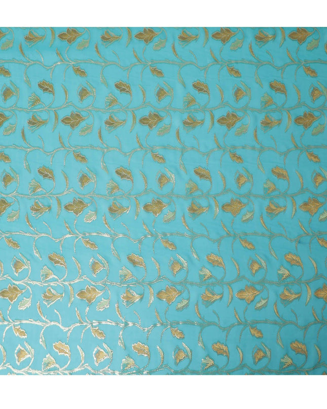 قماش شيفون من الحرير الخالص باللون الأزرق الفيروزي بنفس اللون، فيسكوز الخردل مع لوريكس معدني ذهبي بتصميم الأزهار-D13188