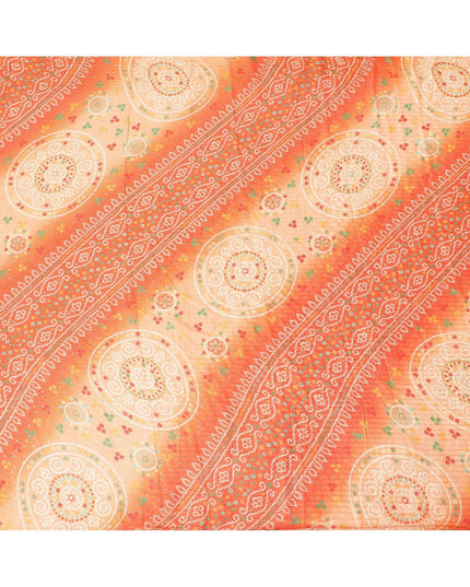 Dark Orange synthetic chiffon fabric with same tone embroidery stripe having multicolor print and sequins in geometric design-D9756