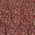 Sienna Brown silk crepe fabric with forest green, magenta pink and peach print in floral design-D8403