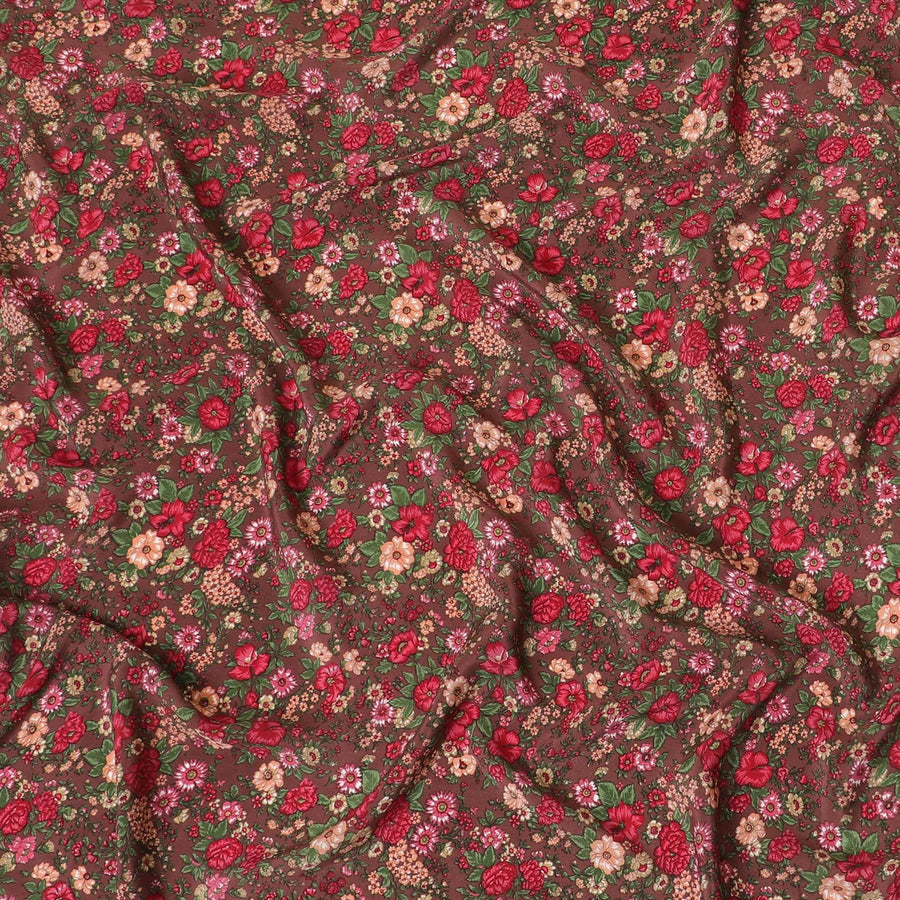 Sienna Brown silk crepe fabric with forest green, magenta pink and peach print in floral design-D8403