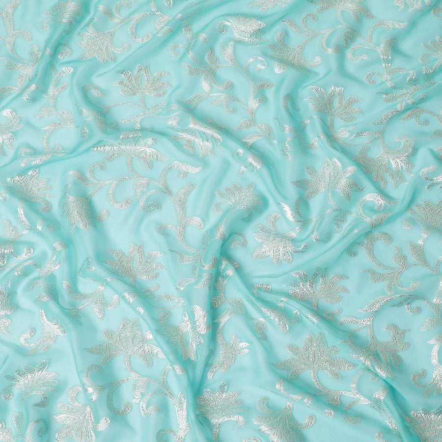 قماش فيستا من الشيفون الحريري الخالص باللون الأزرق والأصفر مع لوريكس معدني ذهبي بتصميم تجريدي-D14154