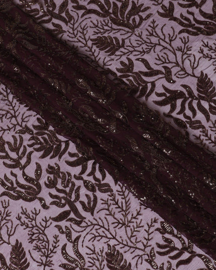 قماش شيفون من الحرير الخالص الفاخر مع تطريز بالترتر بنفس اللون بتصميم الأزهار-D13626