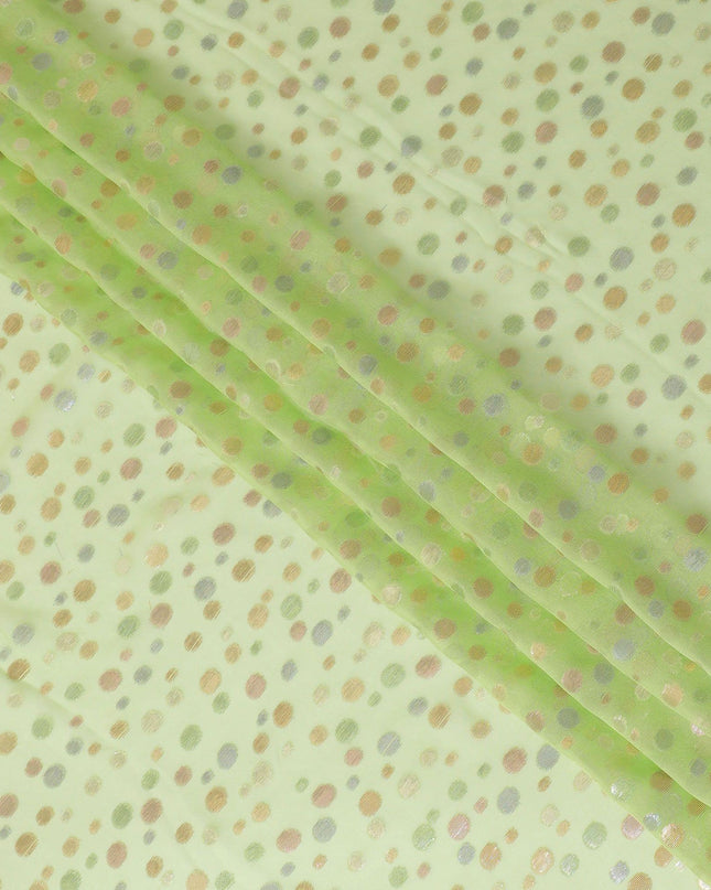 Lime green Premium pure silk chiffon fabric with multicolor metallic lurex in dot design-D15337