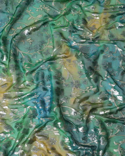 Green Premium pure silk chiffon fabric with gold metallic lurex in floral design-D12538