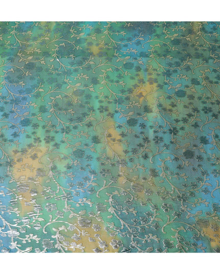 Green Premium pure silk chiffon fabric with gold metallic lurex in floral design-D12538