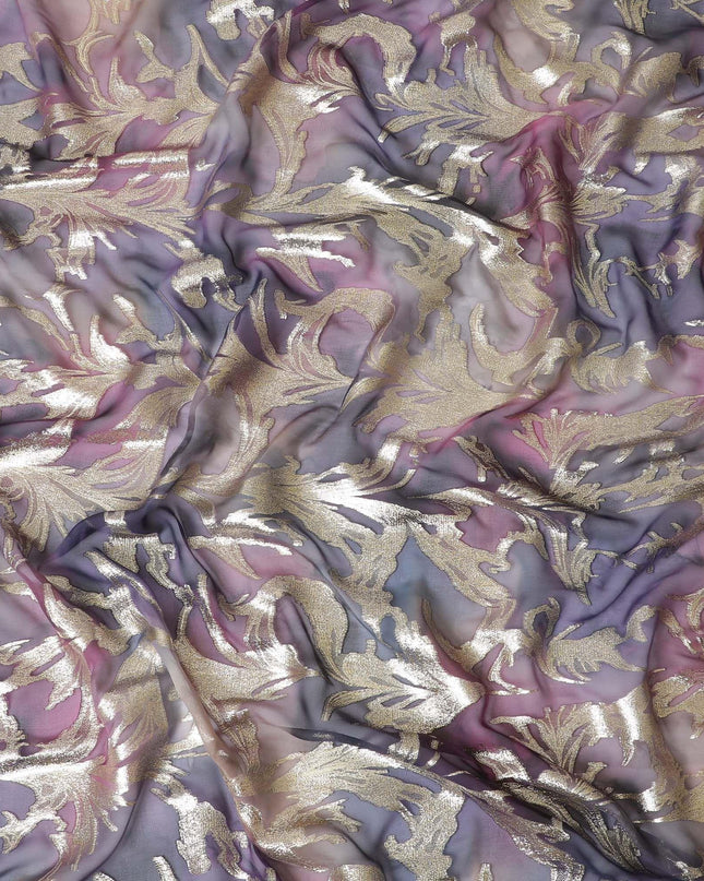 شيفون من الحرير الخالص متعدد الألوان مع لوريكس معدني ذهبي بتصميم أوراق الشجر -D11387