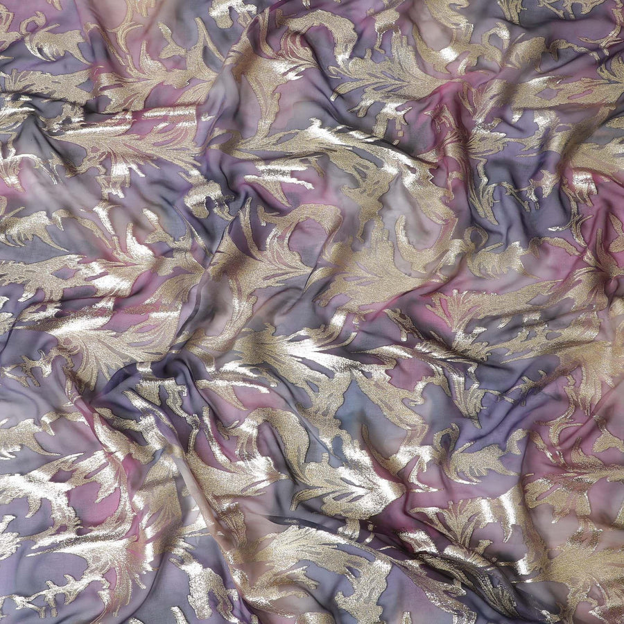 Multicolor Premium pure silk chiffon with gold metallic lurex in leaf design-D11387