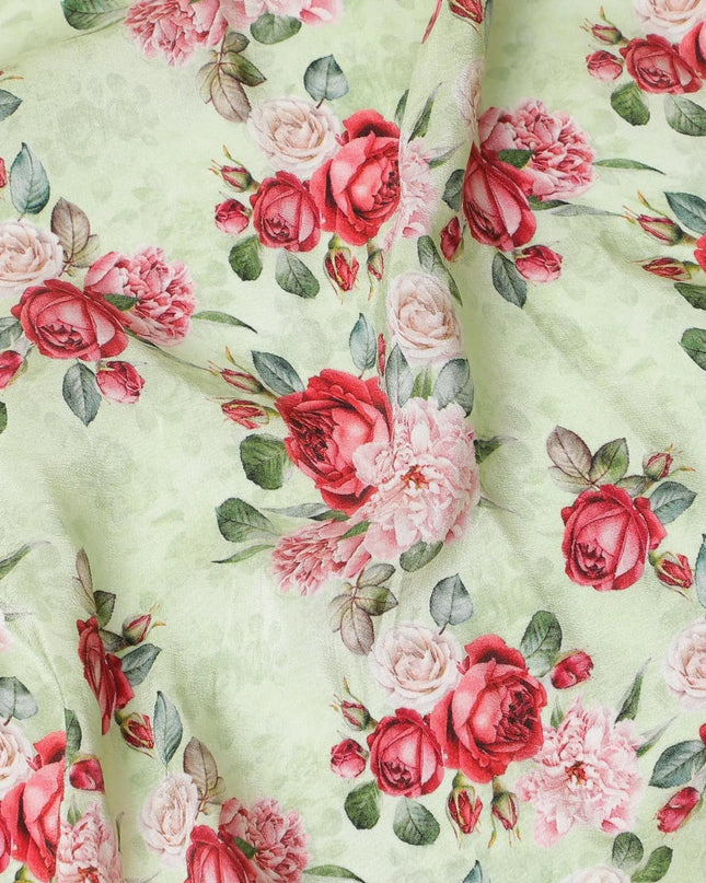 Sage green premium pure silk crepe fabric with ruby pink, olive green and powder pink print in floral design-D9405 Regal Fabrics